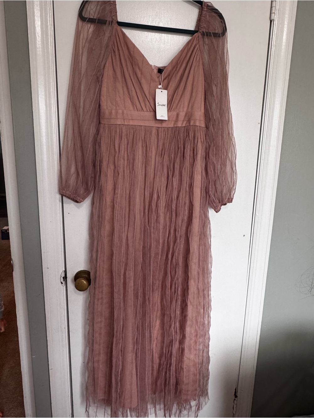 Simple Dusty Rose Sheer Long-Sleeve Maxi Dress